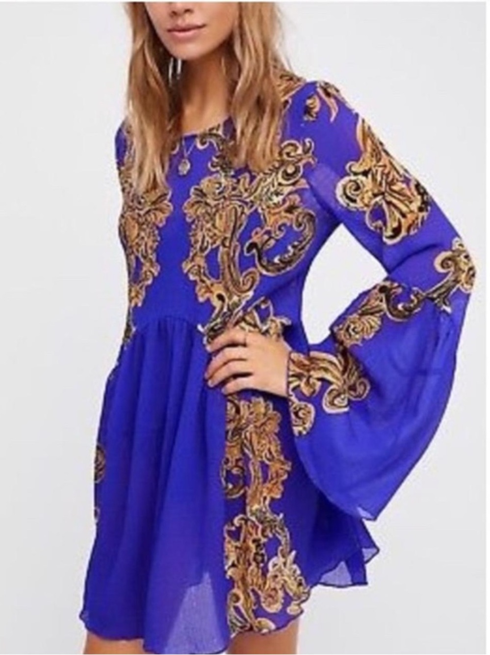 Free People Symphony Printed Dress - Royal Blue Mini with Gold Baroque Print